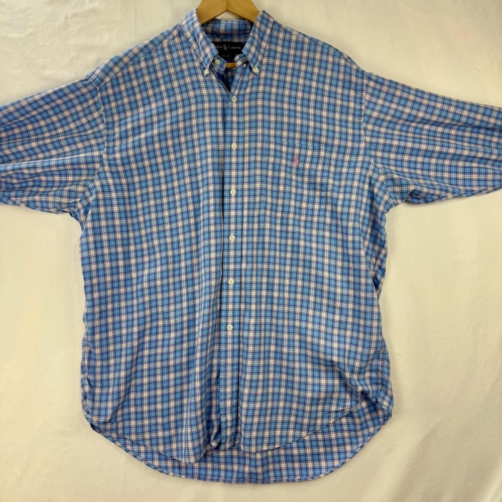 Y2K Ralph Lauren Blake XL Blue‎ Plaid Button Down Pink Blue Cotton Pony - Picture 5 of 10